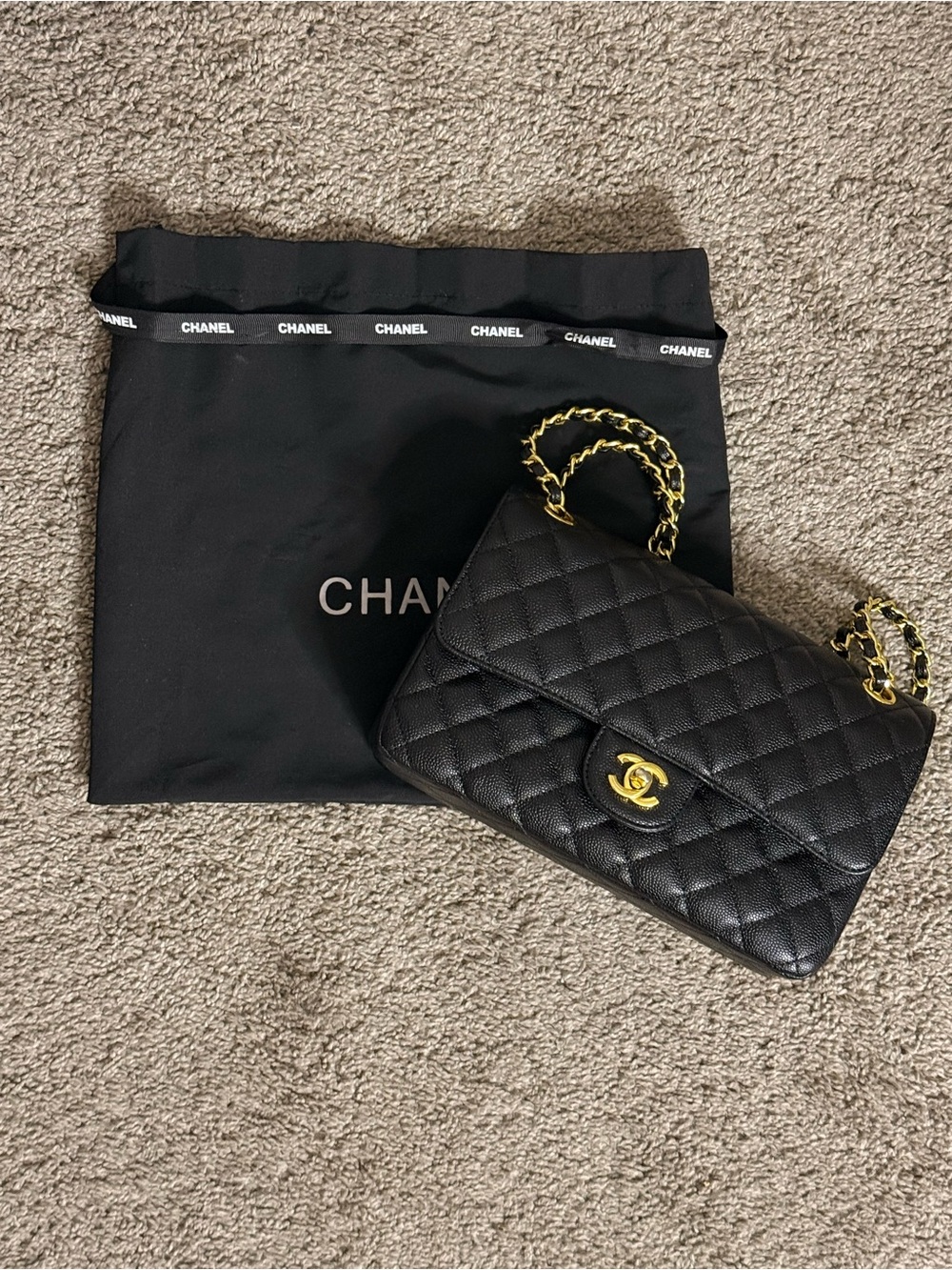 CHANEL Black Quilted Leather Shoulder Bag with Gold Hardware